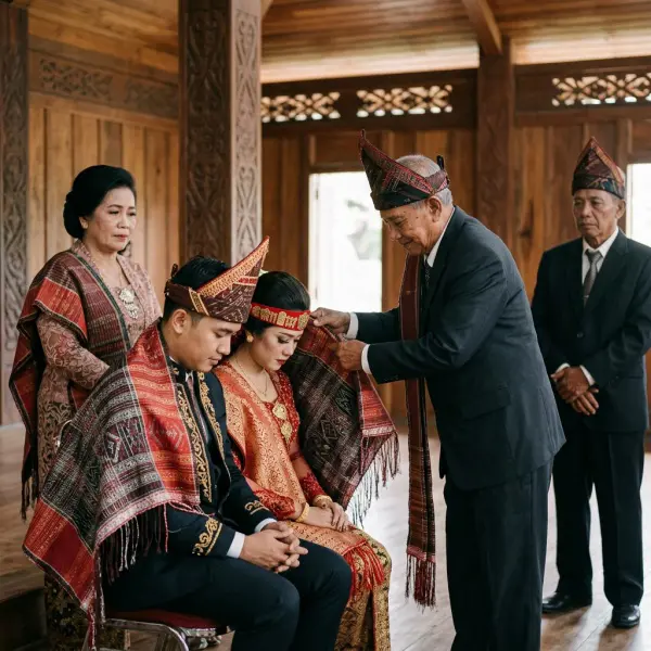 Pemberian ulos dalam upacara pernikahan adat Batak Toba sebagai simbol dukungan dan hubungan kekerabatan