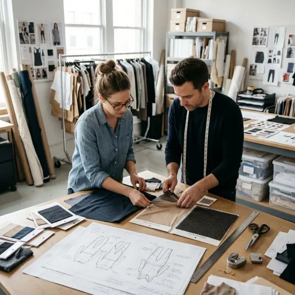Apparel development team reviewing open-structure fabric swatches alongside technical sportswear and fashion garment samples