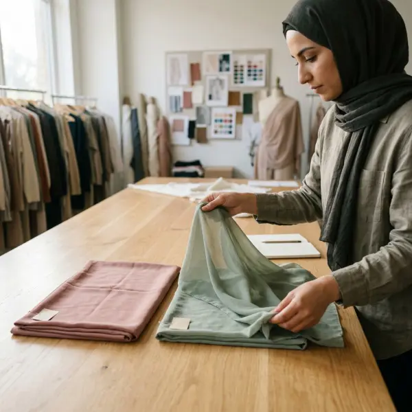 Pemeriksaan sampel kain untuk menilai jatuh kain, tekstur, dan transparansi hijab