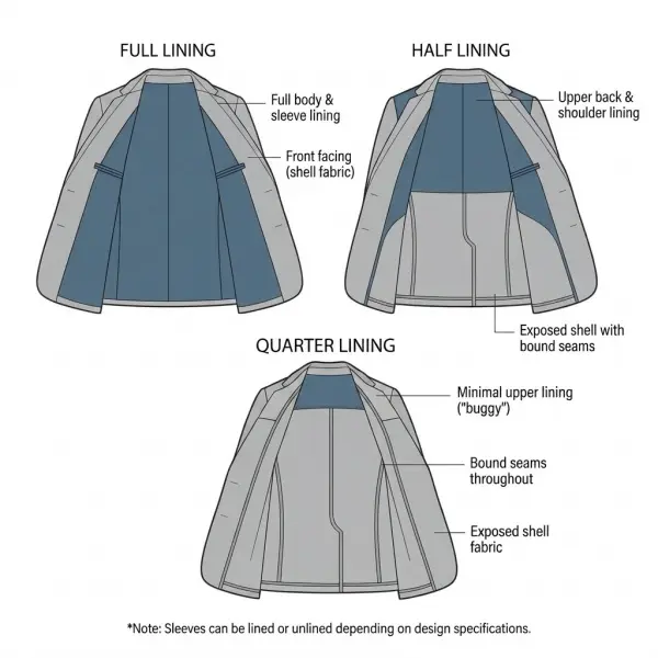 Technical diagram comparing full, half, and quarter lining coverage in tailored jacket interiors