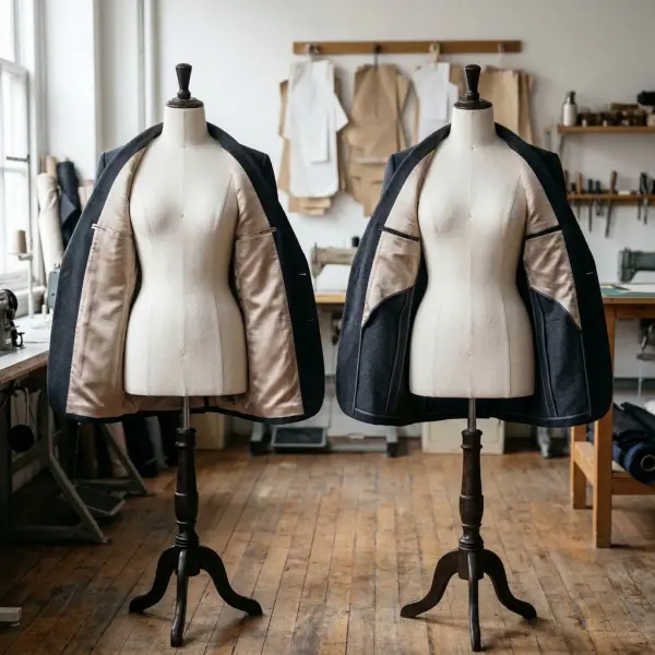 Side-by-side comparison of fully lined and partially lined tailored jackets showing differences in interior fabric coverage