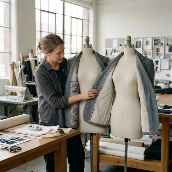 Fashion designer comparing two blazer prototypes with different lining coverage during garment product development