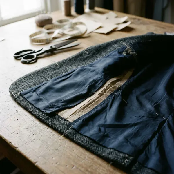 Close-up of outer wool fabric and smooth lining fabric showing the separate interior layers of a tailored garment