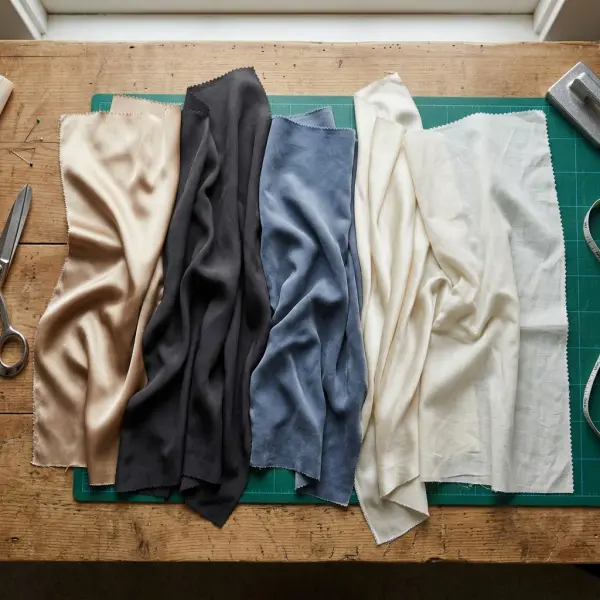 Selection of polyester, viscose, cupro, silk, and cotton lining swatches arranged for garment material development