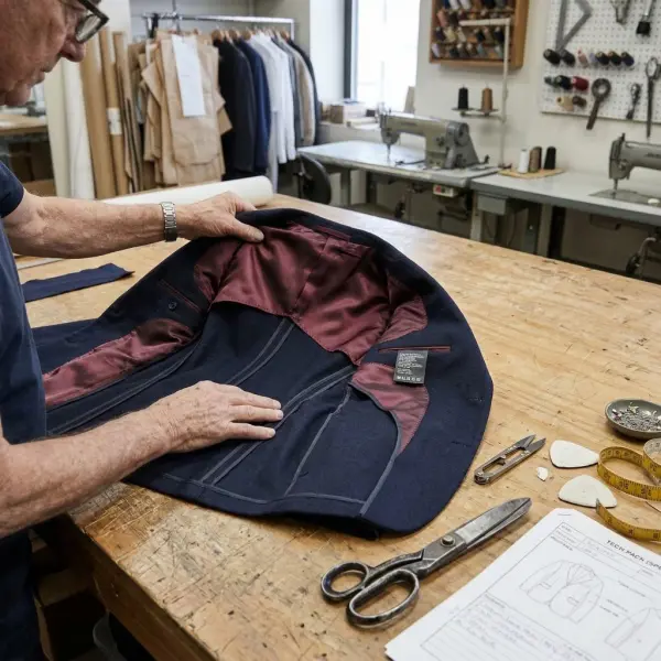 Apparel technician inspecting partial lining attachment and exposed seam finishing on a tailored blazer prototype