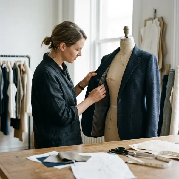 Fashion product developer examining lining fabric and interior stitching on a tailored jacket sample