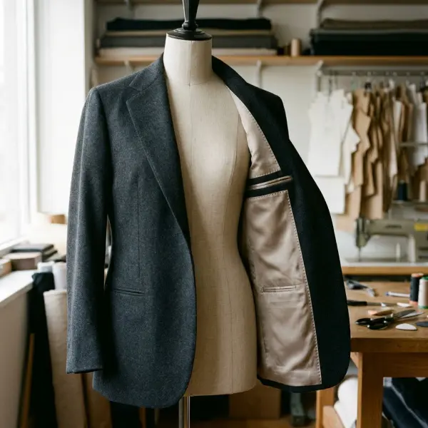 Tailored blazer opened to reveal smooth garment lining, internal finishing, and precise jacket construction