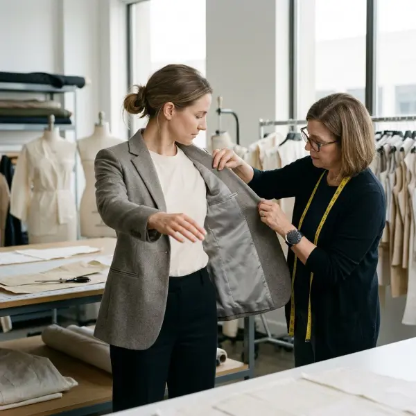 Garment technician checking movement and lining comfort during a tailored jacket fitting session