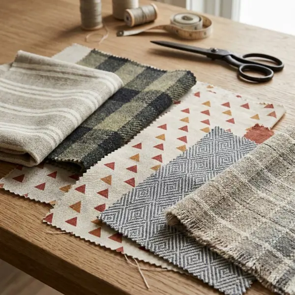 Motif geometris pada kain dengan susunan garis, persegi, dan belah ketupat dalam desain tekstil modern