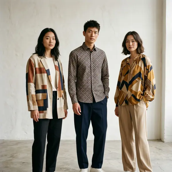 Koleksi pakaian modern dengan motif geometris yang konsisten pada beberapa desain busana
