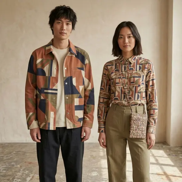 Penyesuaian skala motif geometris pada kemeja, outerwear, dan aksesori fashion