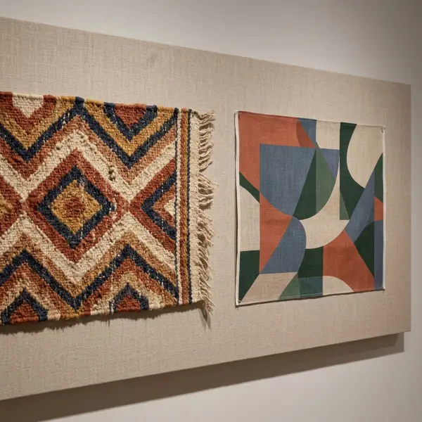 Perbandingan tekstil bermotif geometris tradisional dan kontemporer dengan karakter tenunan dan komposisi berbeda