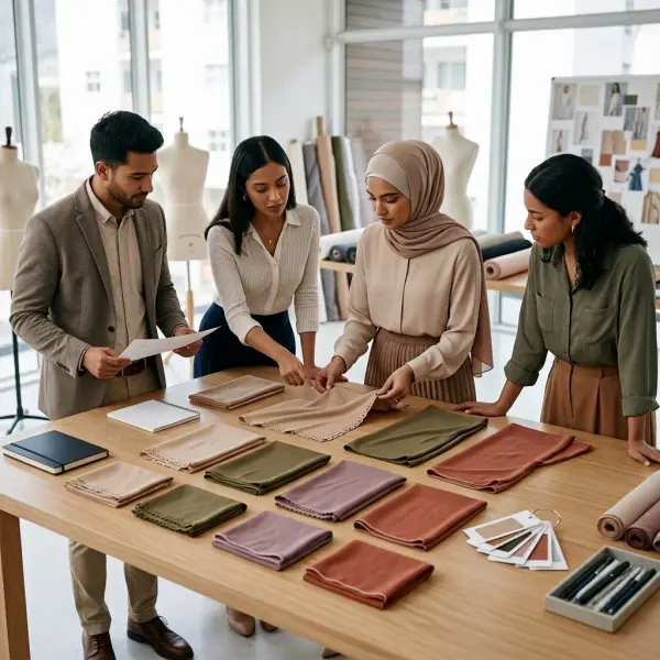 Proses evaluasi prototipe hijab sebelum masuk tahap produksi