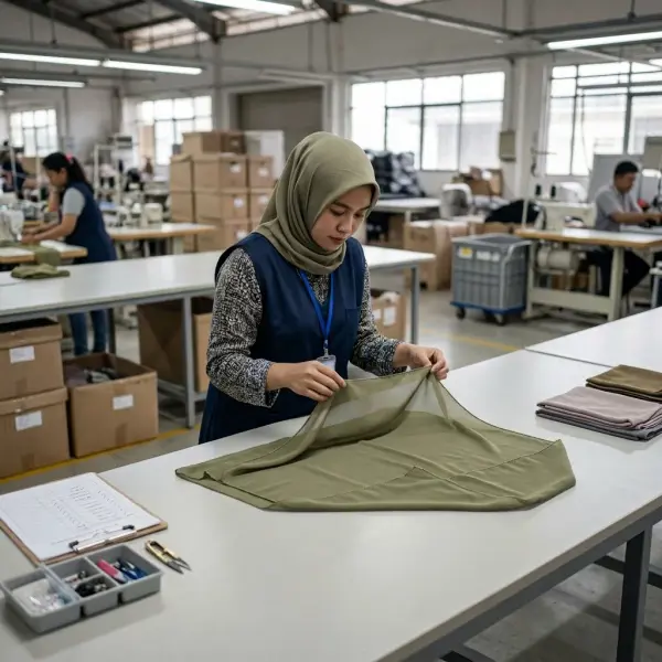 Pemeriksaan kualitas hijab untuk memastikan konsistensi ukuran, jahitan, dan tampilan akhir
