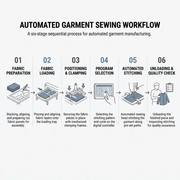 Workflow diagram showing fabric loading, positioning, program selection, automated stitching, and quality inspection