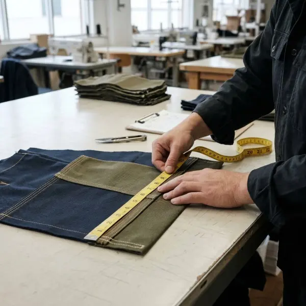 Garment quality inspector examining stitch consistency on industrially sewn fabric components