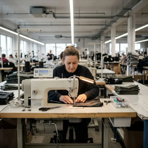 Garment factory operator using a computer-controlled industrial sewing machine during apparel production