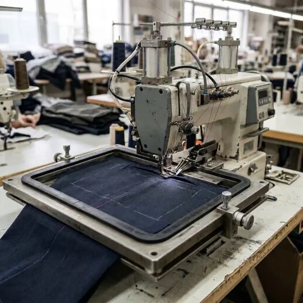 Specialized automatic pocket welting sewing equipment preparing a welt pocket on tailored trouser fabric