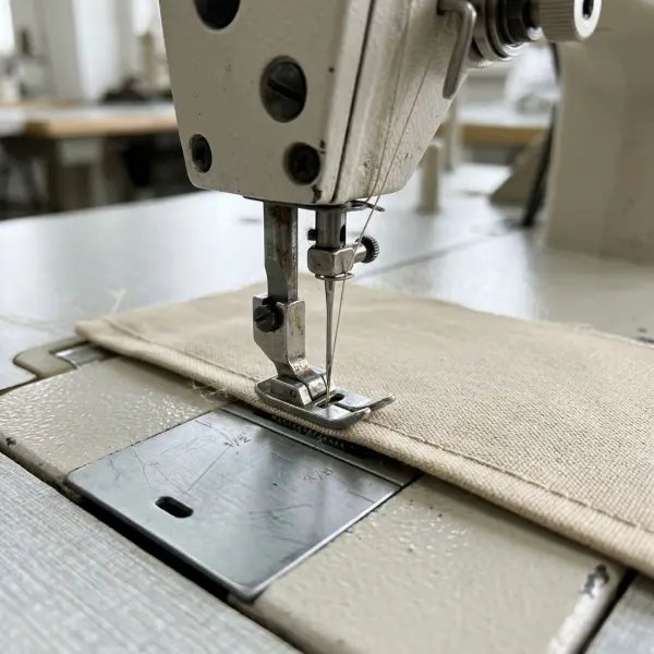 Close-up of industrial sewing machine automatic thread trimming mechanism completing a garment seam