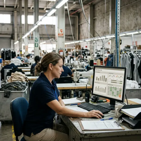 Apparel production supervisor monitoring sewing line output and machine status on a digital factory dashboard