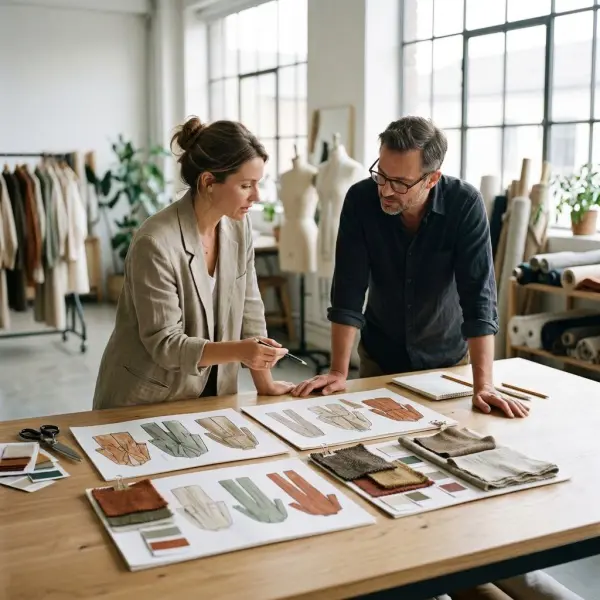Tim desain fashion meninjau beberapa rancangan pakaian untuk mengevaluasi kesatuan dan variasi koleksi