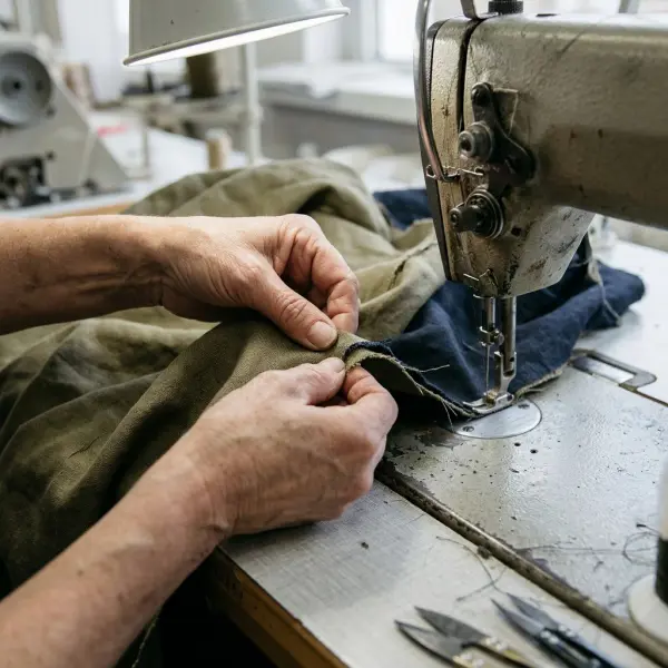 Garment technician positioning flexible fabric layers before an automated industrial sewing operation