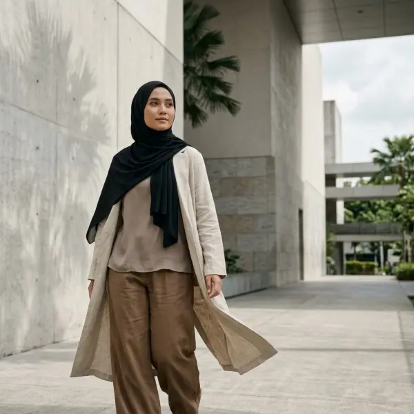 Perempuan mengenakan jilbab hitam dengan busana modern bernuansa netral