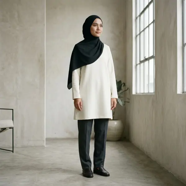 Jilbab hitam dipadukan dengan tunik berpotongan sederhana untuk gaya minimalis modern