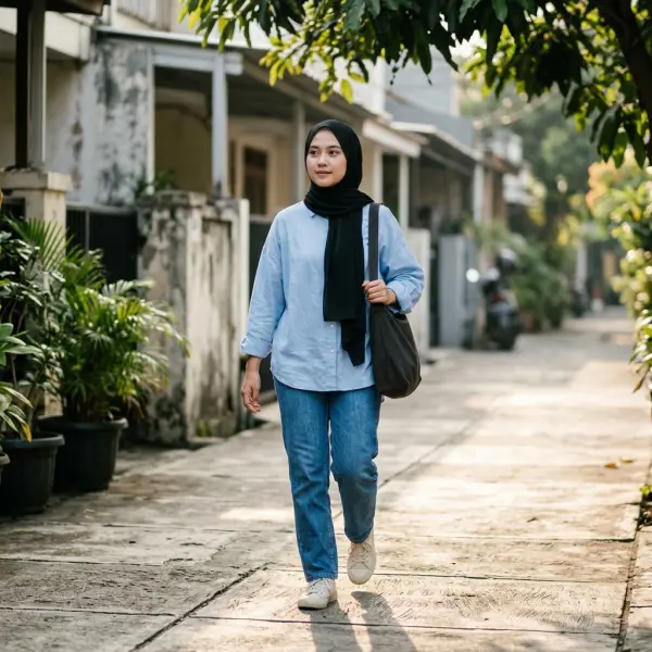 Jilbab hitam dengan kemeja oversized dan celana denim untuk gaya kasual