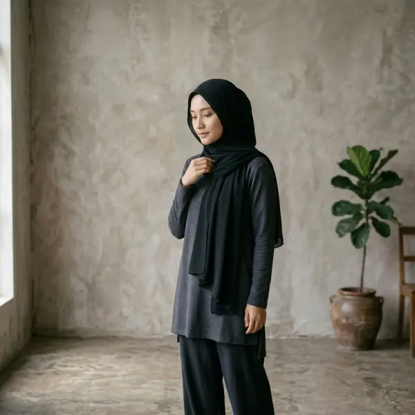 Penataan jilbab hitam di sekitar dahi dan pipi agar membingkai wajah dengan seimbang