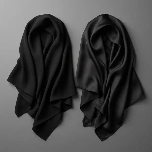 Perbandingan tampilan permukaan matte dan berkilau pada kain jilbab hitam