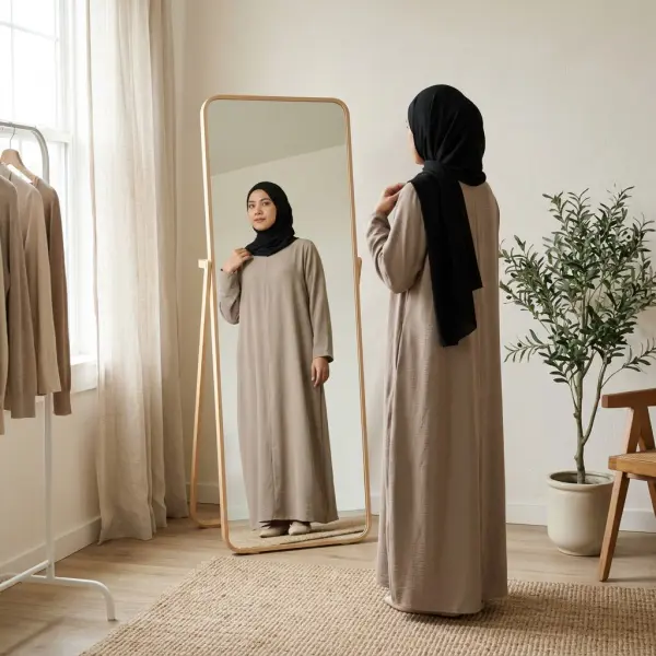 Pemeriksaan kerapian jilbab hitam dari depan dan samping sebelum beraktivitas