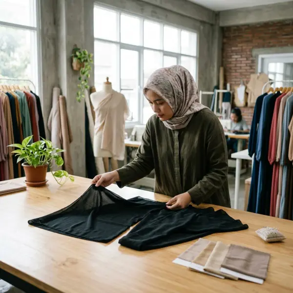 Tim pengembangan produk memeriksa sampel jilbab hitam untuk koleksi modest fashion