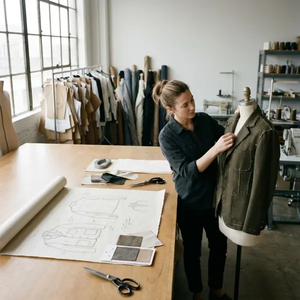 Desainer fashion meninjau sketsa busana untuk menentukan siluet, penempatan detail, dan karakter material sebelum membuat sampel Desainer fashion meninjau sketsa busana untuk menentukan siluet, penempatan detail, dan karakter material sebelum membuat sampel