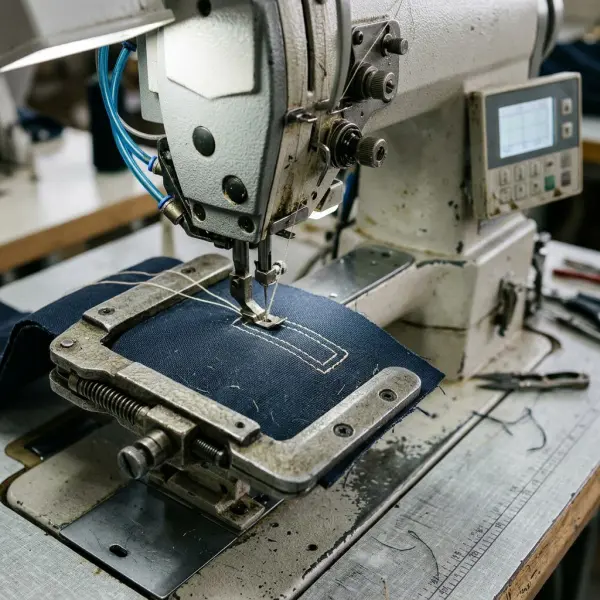 Computer-controlled pattern sewing machine producing a programmed reinforcement stitch on garment fabric