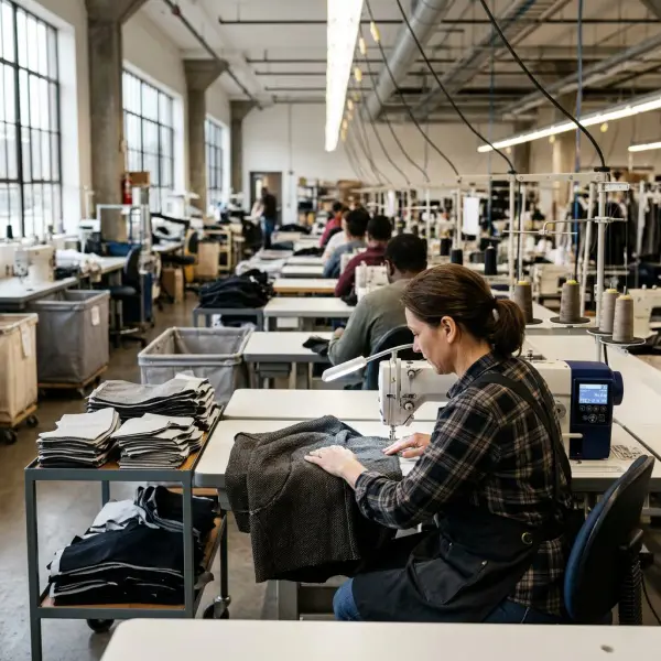 Garment factory production line using computer-controlled sewing machines to improve production efficiency