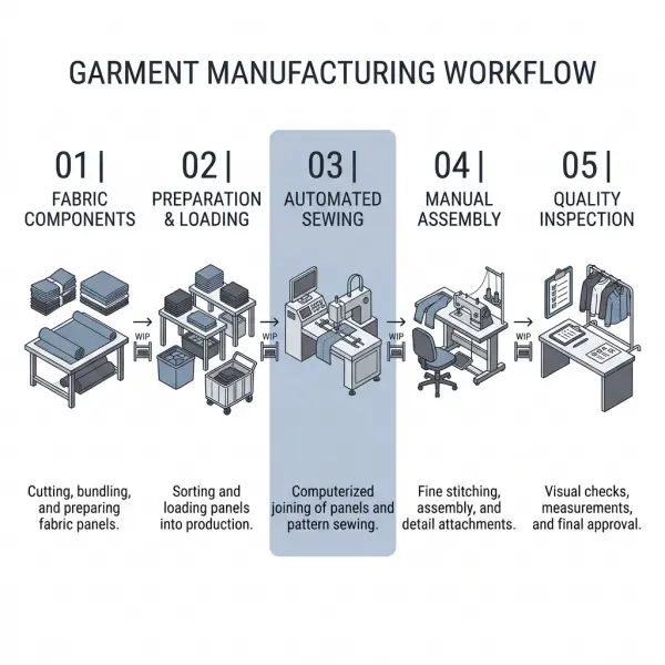 Simple workflow diagram showing automated sewing workstation integrated into a balanced garment production line