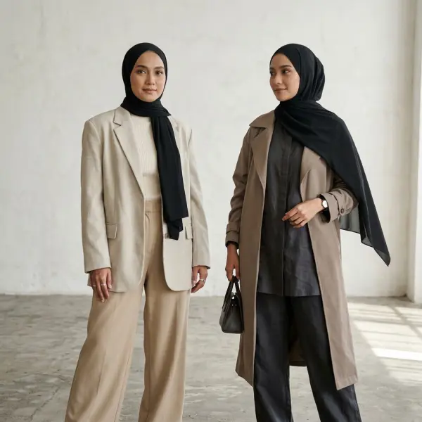 Variasi penataan jilbab hitam dengan kedua sisi sama panjang dan satu sisi lebih panjang
