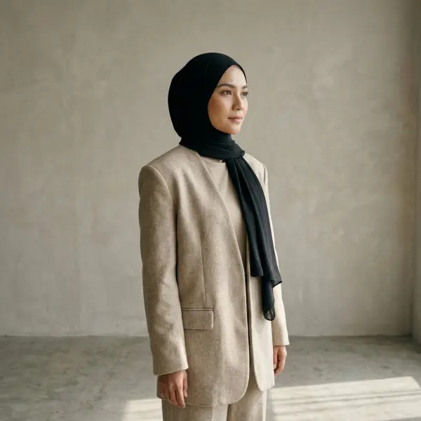 Penataan volume jilbab hitam yang disesuaikan dengan kerah dan siluet busana