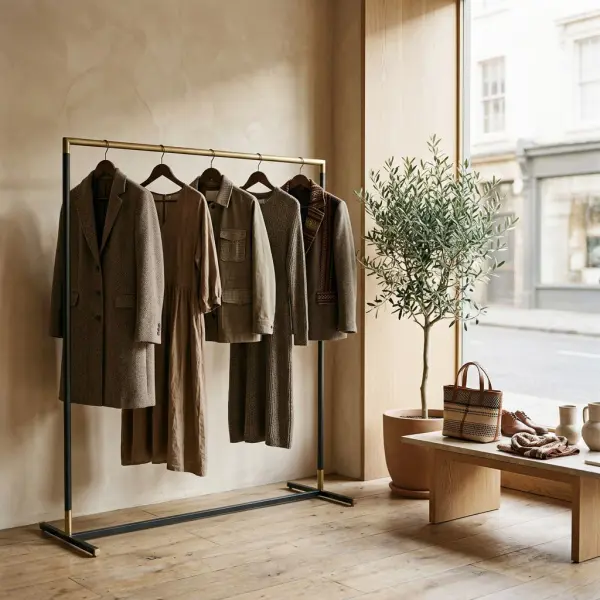 Modern fashion boutique displaying contemporary jackets and dresses featuring carefully integrated heritage-inspired textiles