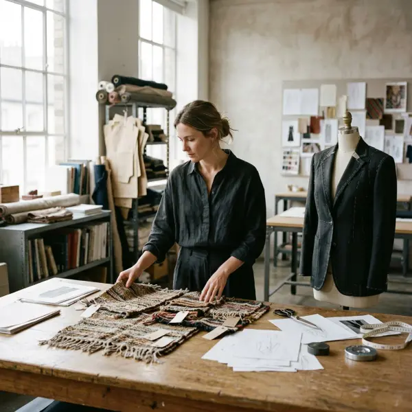 Contemporary fashion designer examining traditional woven textiles and modern garment samples in a design studio