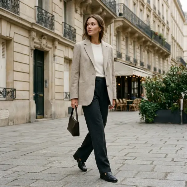 Karakter visual gaya Parisienne melalui blazer klasik, atasan sederhana, dan celana berpotongan lurus
