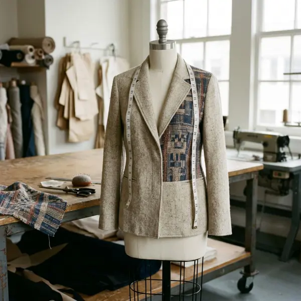 Modern tailored jacket featuring an authentic-looking woven textile panel during fashion garment development