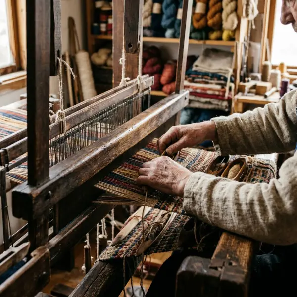 Close-up of an artisan handweaving a patterned textile on a traditional wooden loom