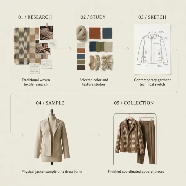 Fashion collection development workflow from traditional textile reference to fabric selection, garment sampling, and final apparel