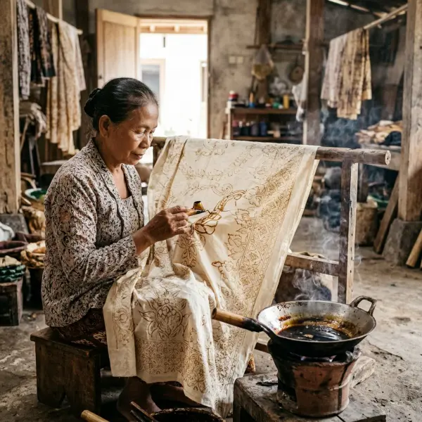Indonesian batik artisan applying wax patterns to cotton fabric using a traditional canting tool