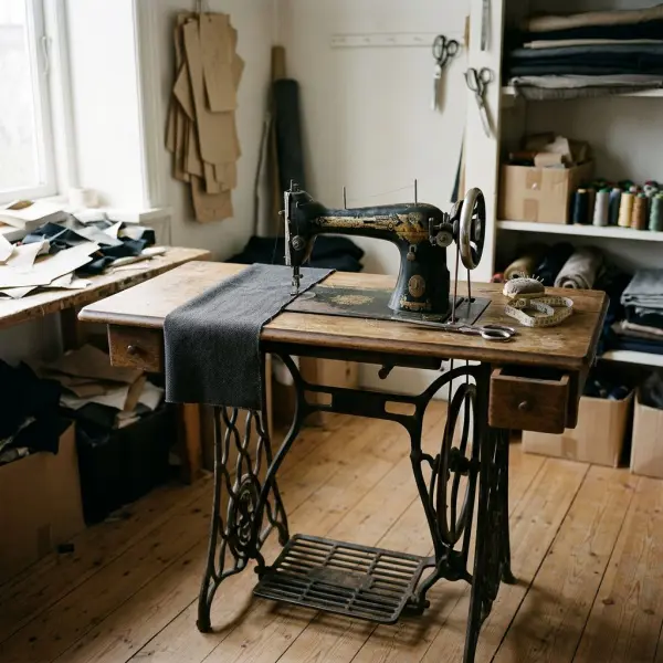 Mesin jahit mekanis berpedal yang menunjukkan perkembangan awal peralatan menjahit
