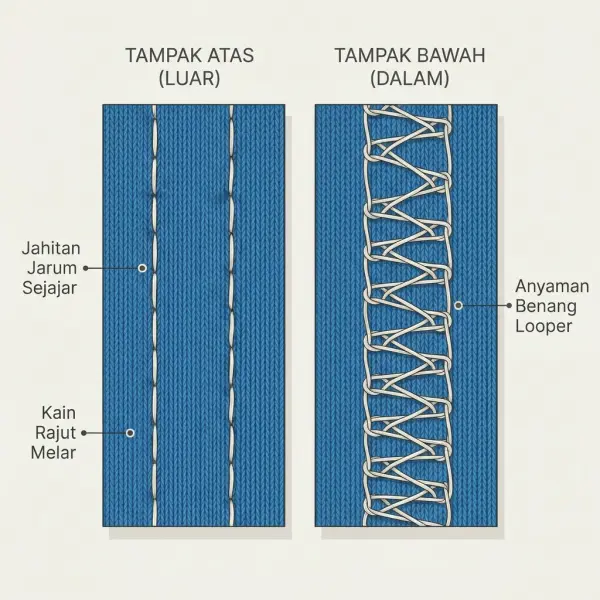 Struktur jahitan coverstitch dengan dua baris jahitan pada permukaan dan benang penutup di sisi bawah kain Struktur jahitan coverstitch dengan dua baris jahitan pada permukaan dan benang penutup di sisi bawah kain