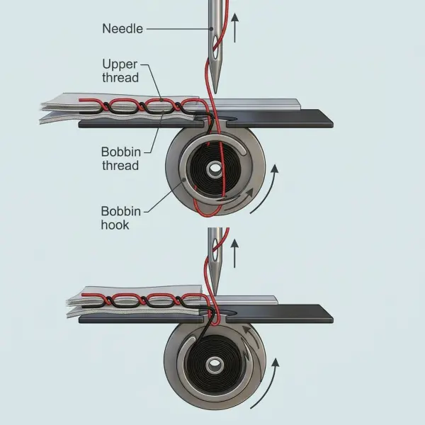 Struktur jahitan lockstitch yang memperlihatkan benang atas dan benang bawah saling mengunci Struktur jahitan lockstitch yang memperlihatkan benang atas dan benang bawah saling mengunci