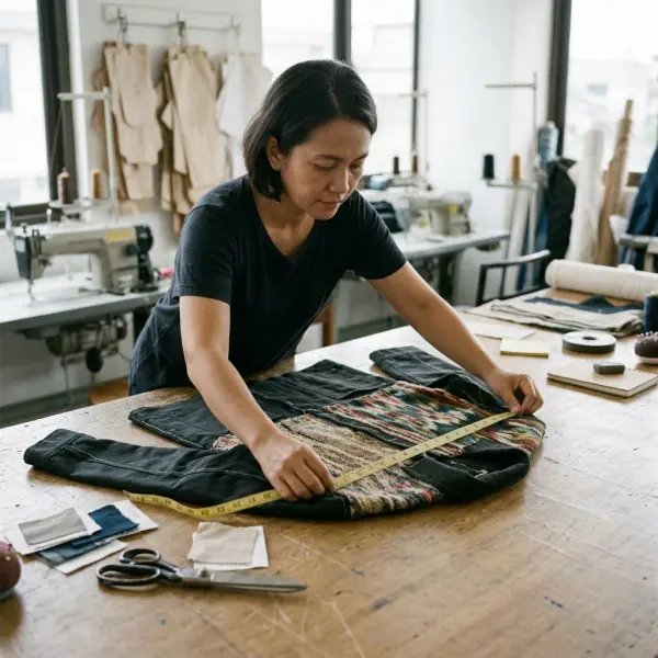 Garment product developer inspecting handwoven textile placement and seam construction on a modern jacket sample